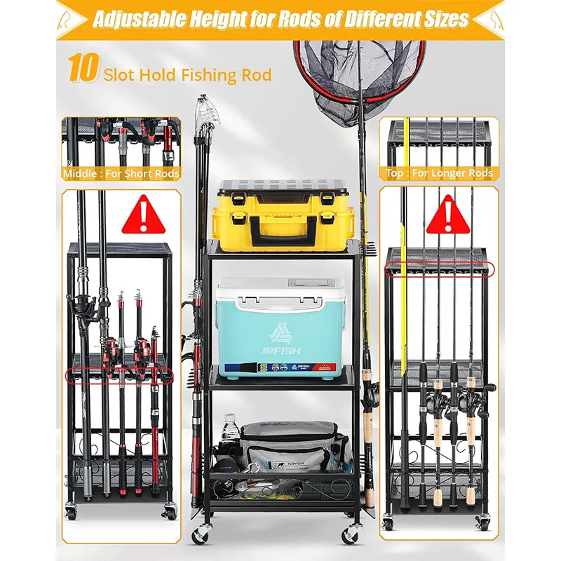 

Fishing Rod Holder Accommodates 10 Fishing Rods Height-Adjustable Storage Rack