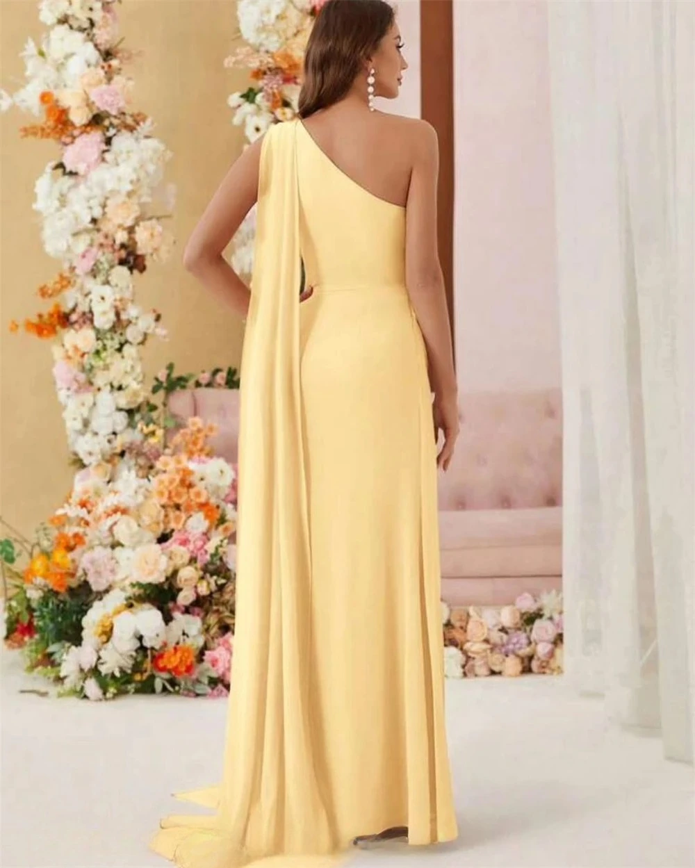 تخصيص الرسمي الأصفر جيرسي مساء اللباس أزياء قارب الرقبة أكمام حزب اللباس مزاجه الطابق طول فساتين المشاهير #4