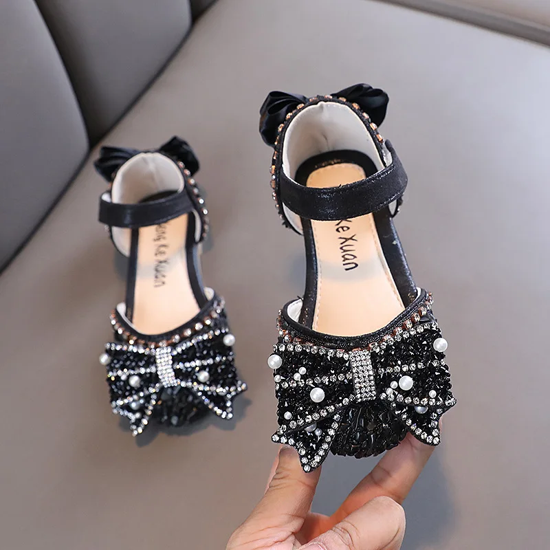 Children Sandals Girl's Rhinestone Shoes Kids Bow Princess Sandals Fashion Non-slip Flat Shoes Wedding Performance Sandals H536