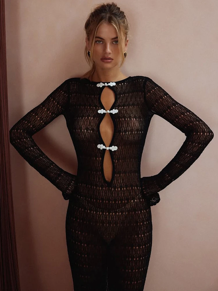 Talenza Hollow Sheer Maxi Dress Women's Sexy Backless Lace Up Slit Resort Dress High Waist Party Evening Gown Robe Vestidos Y2k