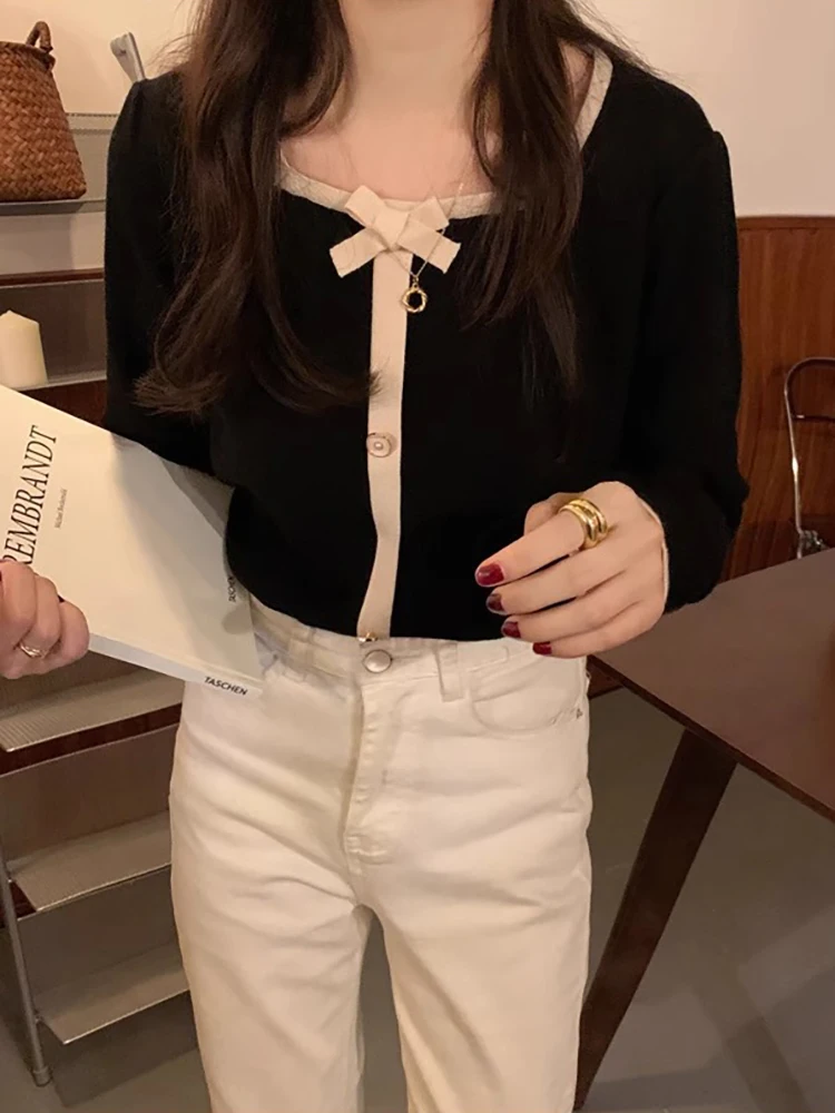 

Black Knot Short Sweater Women's Autumn Winter Square Collar Base Layer Knitted Shirt Small Size Stylish Top