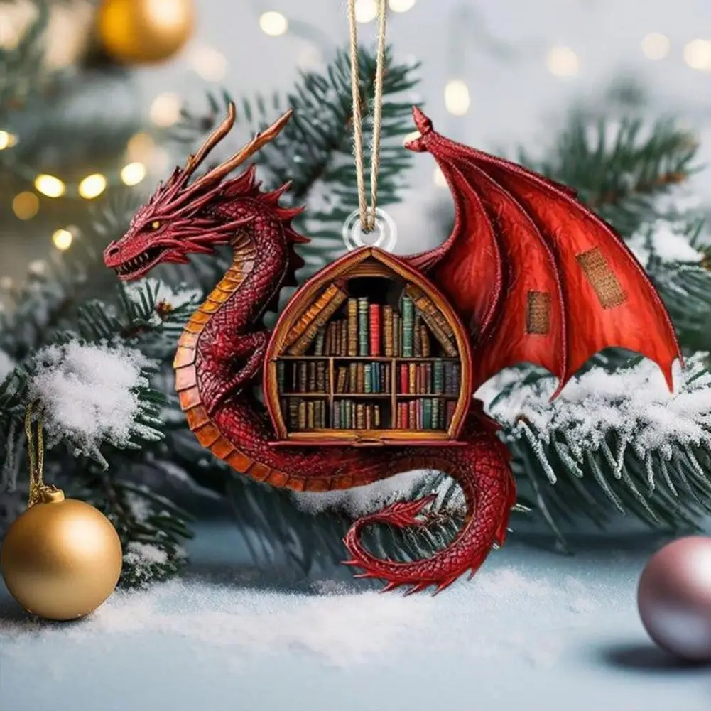 Acrylic Hanging Ornament Dragon Book Christmas Ornament Dragon Bookshelf Pendant Acrylic 2D Flat Bookshelf Dragon Decoration