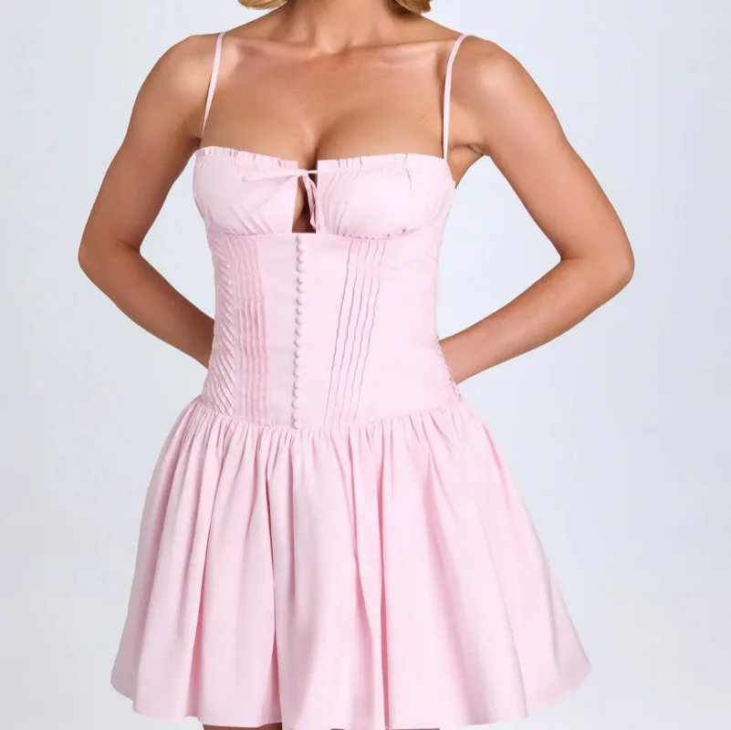 

2025 High end Side Buckle V-neck Trumpet Sleeves Slimming Cake Dress Short Skirt Ballet Style
