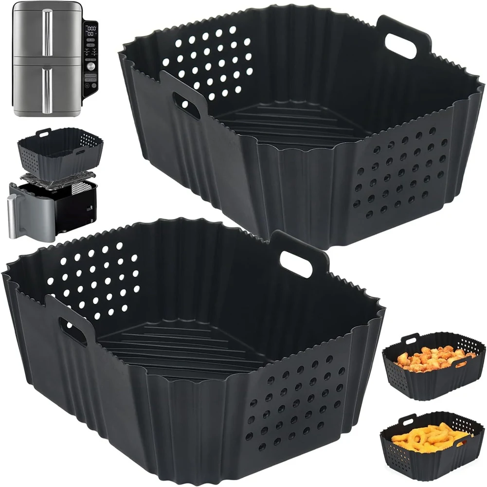 Air Fryer Liners for Ninja SL401 Double Stack 2 Basket Air Fryer Reusable Rectangle Perforated Silicone Liners Black