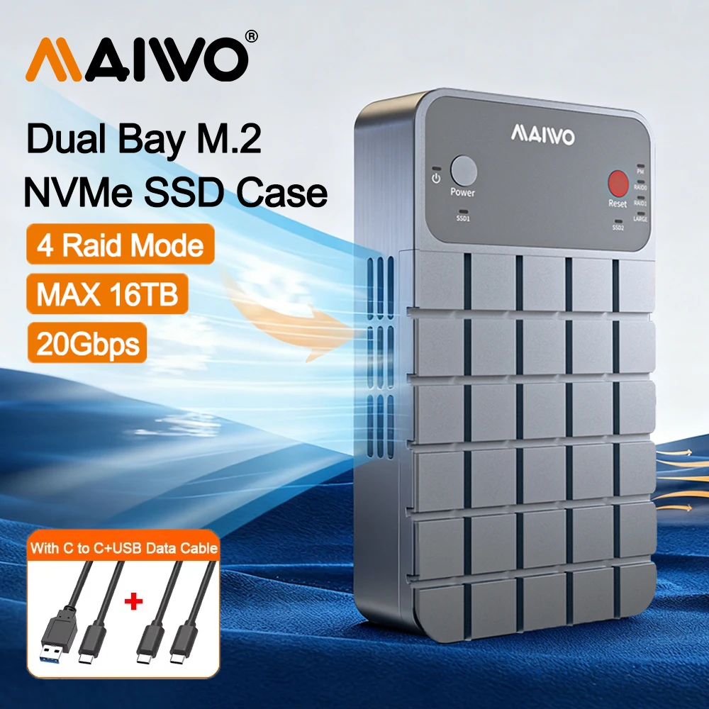

MAIWO 20Gbps Dual Bay M.2 NVMe SSD Enclosure Offline Clone Aluminum M2 Hard Drive Reader USB C 3.2 Gen2 For M Key M/B Key NVME
