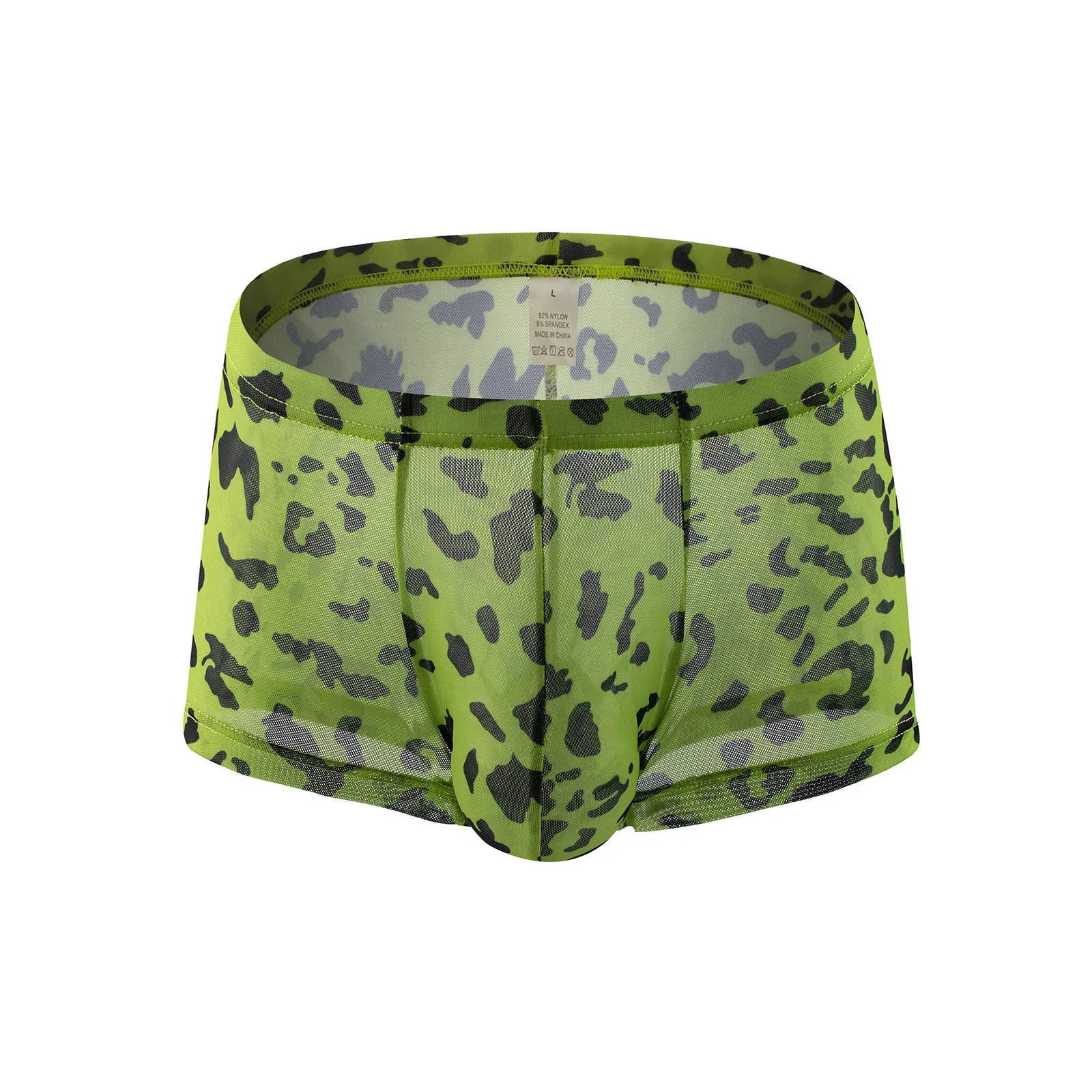 

Men's Sexy Boxy Underwear Elastic Ice Silk Thin Mesh See Through Leopard Boxer Shorts Gay Low Waist U Convex Pouch Erotic Trunks