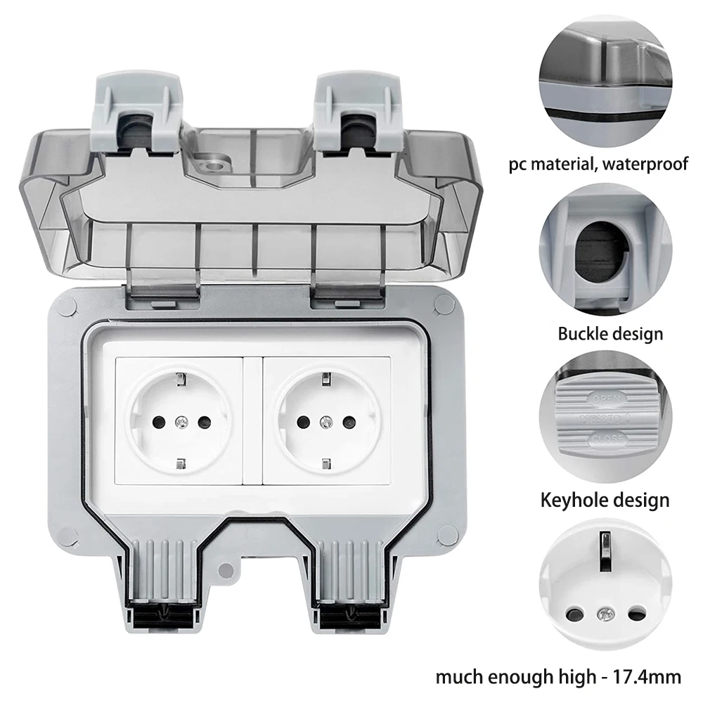 Waterproof Socket EU Plug IP66 Outdoor Socket Box 16A Wall Switch Socket European Standard Dustproof Waterproof Exterior Plug