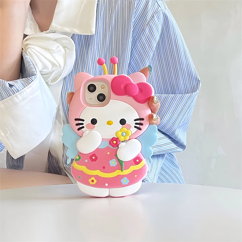 For iPhone 15 14 promax 13 12 Pro Max 11 Phone Case 3D Hello Kitty Flower Cases Anti Fall Soft Silicone Case Cover Fundas