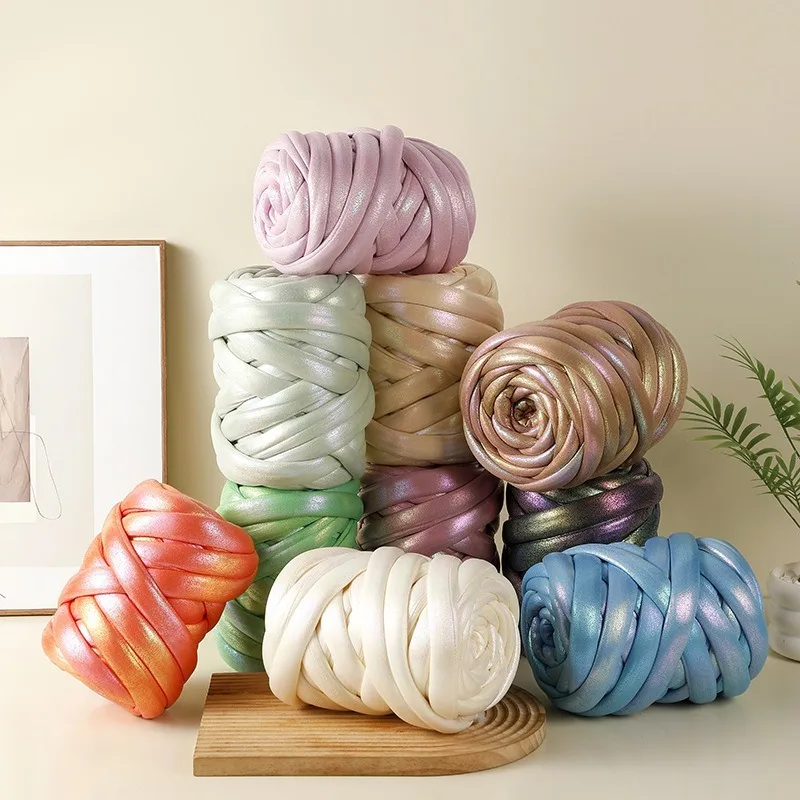 Chunky Tube Yarn Iridescent Faux Leather T-shirt Yarn Core Spun Iceland Yarn for DIY Crochet Bag Blanket Pillow Cat Bed Knitting