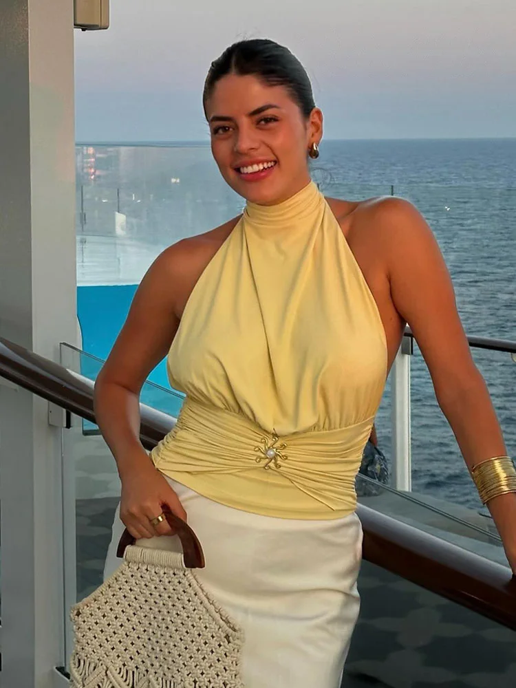 

HH женские модные топы без рукавов, однотонные плиссированные с открытой спиной и металлическими украшениями на пуговицах, женский летний сексуальный тонкий короткий топ