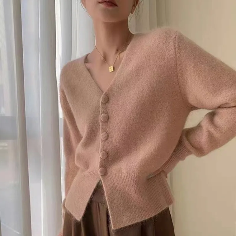 Solid Autumn Winter Cardigan Women 4 Color V-neck Gentle All-match Tops Knitting Female Chic Elegant Cozy Defined Waist Hot Sale