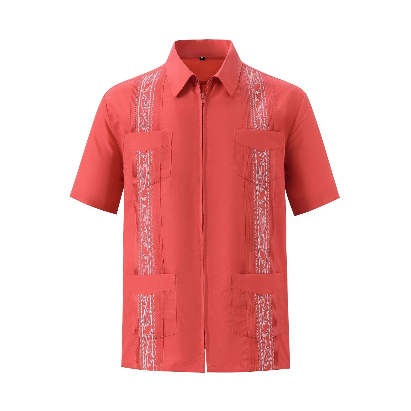 Men's Short Sleeve Cuban Guayabera Shirts Full Zip Front Mexican Shirt With Pocket shirt Loose Streetwear Retro Style