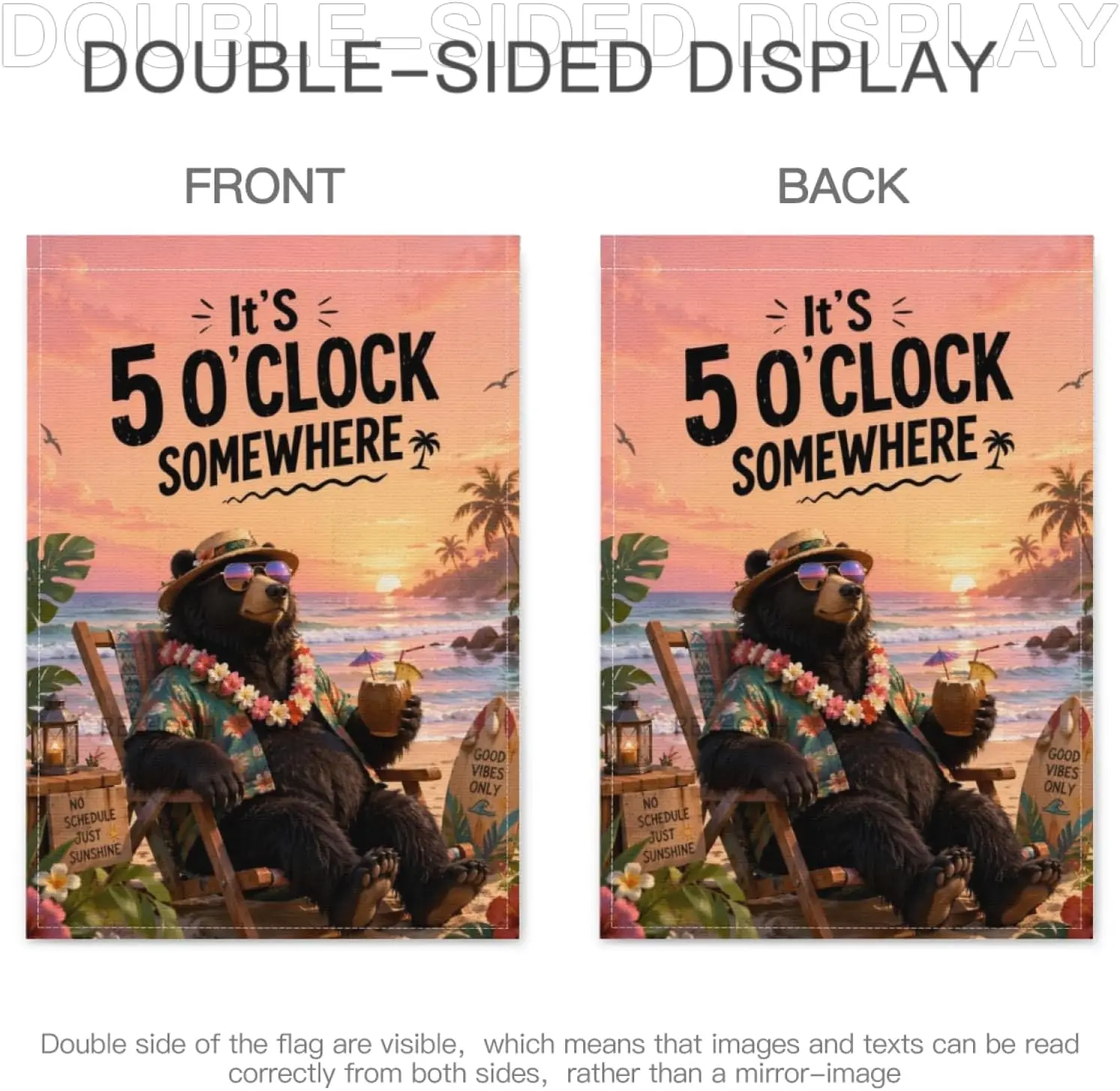 Fun Black Bear Spring Summer Welcome Garden Flag 28x40Inch,It’s 5 O’Clock Somewhere Beach Sunset Cute Animal Boho Outdoor Ya yyi