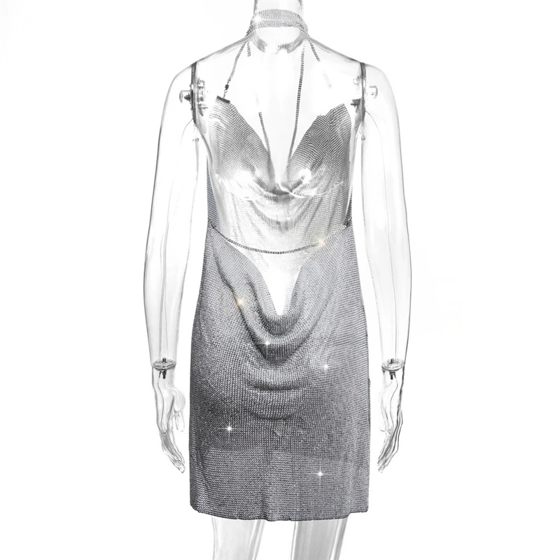 Damen Neckholder-Minikleid mit Strass-Netzstoff, Wasserfallausschnitt, Rückenfreies Bodycon-Kleid mit Schlitz, Kurzes Kleid für Nachtclub und Geburtstagsfeiern – Detail 8