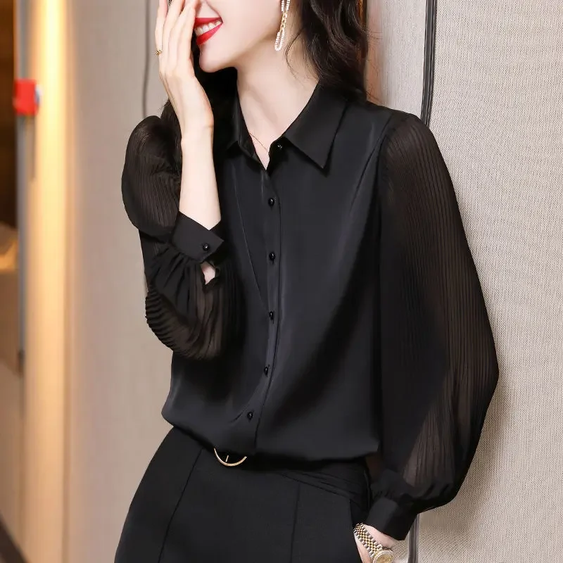 

Women's Shirt Spring Autumn Elegant Folds Lantern Long Sleeve Blouse Fashion Office Lady Solid Turn-down Collar Tops Ladies X881