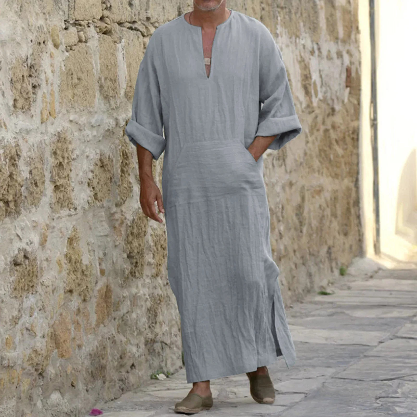 

Men Robes Kaftan Muslim Arab Islamic V-Neck Short Sleeve Solid Cottonthobe Vintage Loungewear Plus Size Arabia Man Abaya