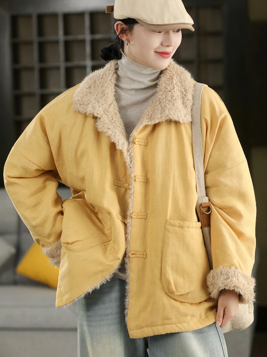 

Пальто Thiened из хлопка в стиле пэчворк с пуговицами, с мехом ягненка, теплое зимнее, повседневное, удлиненное, прямого кроя