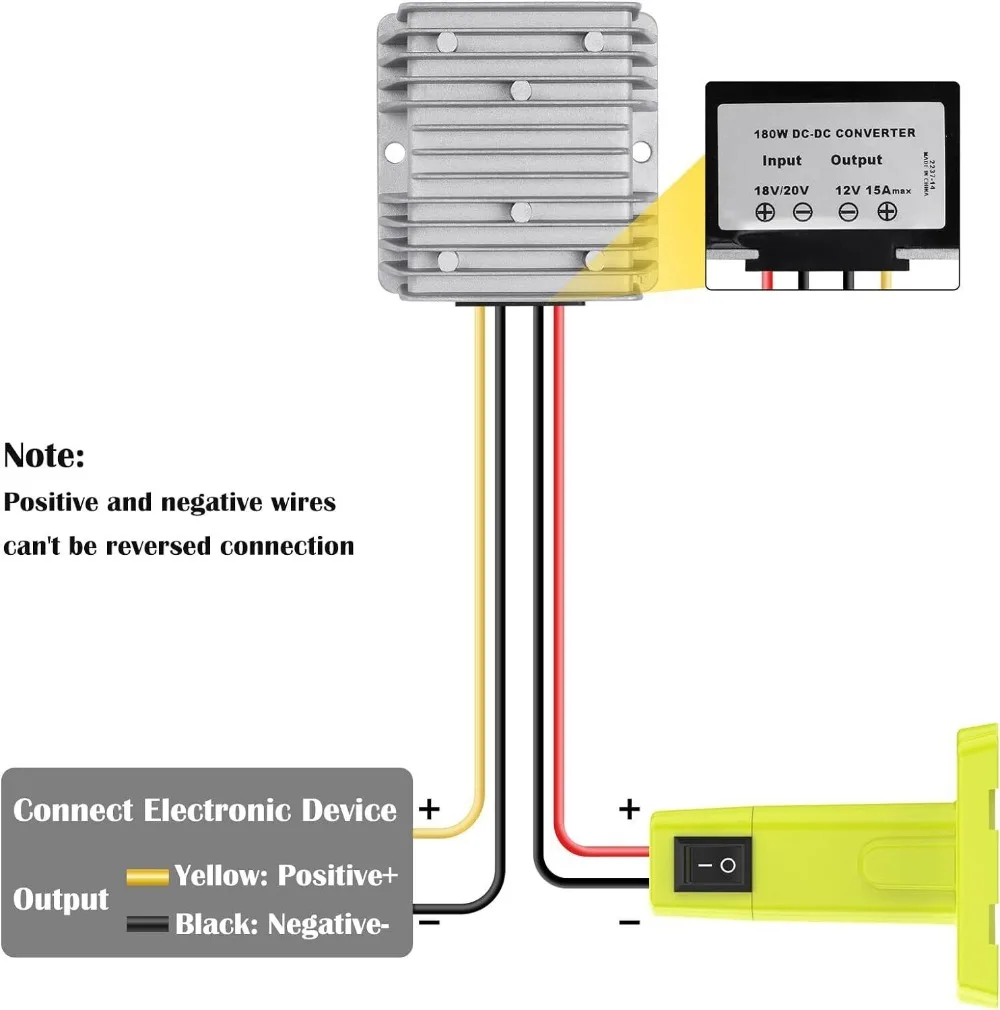 15A 180W DC 18V to DC 12V Step Down Converter Aadpter for Ryobi 18V Li-ion Battery Power Wheel Voltage Regulator with Switch