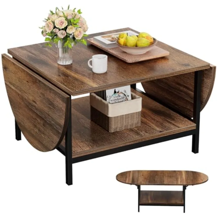 

Folding Coffee Table for Living Room Small Coffee Tables with 2-Tier Storage Mid Century Modern Center Table for Small Space Ov