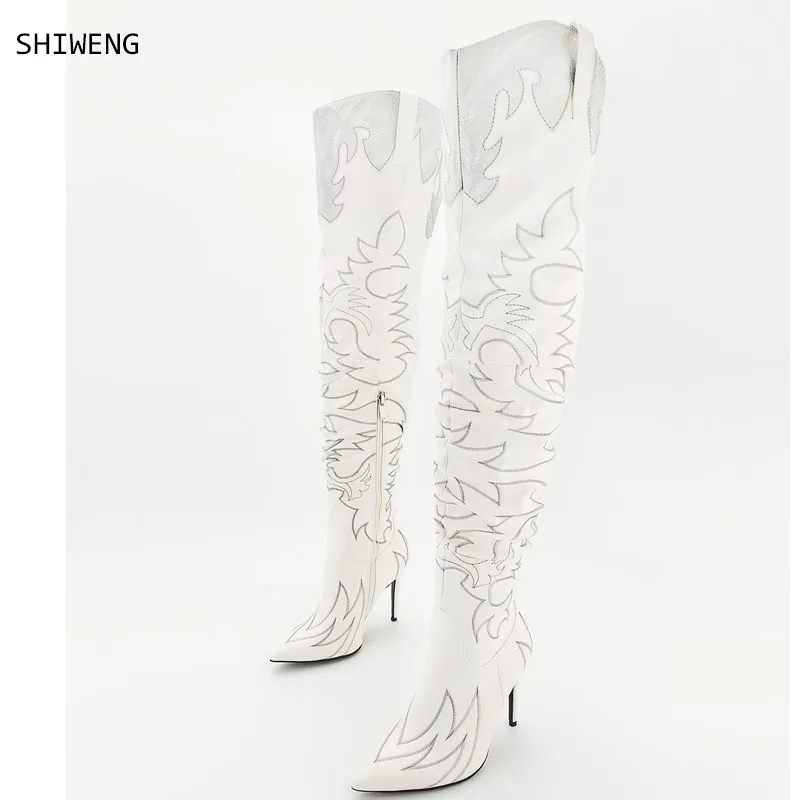 

Женские сапоги до колена Ovrr 2022, ковбойские сапоги в стиле вестерн, широкие женские сапоги-ковбойки с вышивкой и острым носком на блочном каблуке