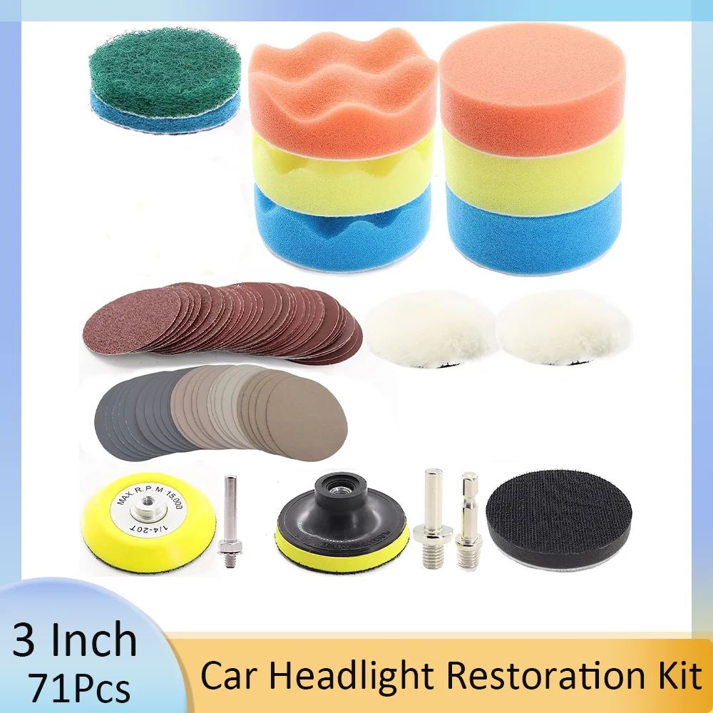 

3 Inch Car Headlight Restoration and Sandpaper Polishing Kit 71 Pcs with 1/4" and M10 Backing Pad Scouring Pads Interface Pad