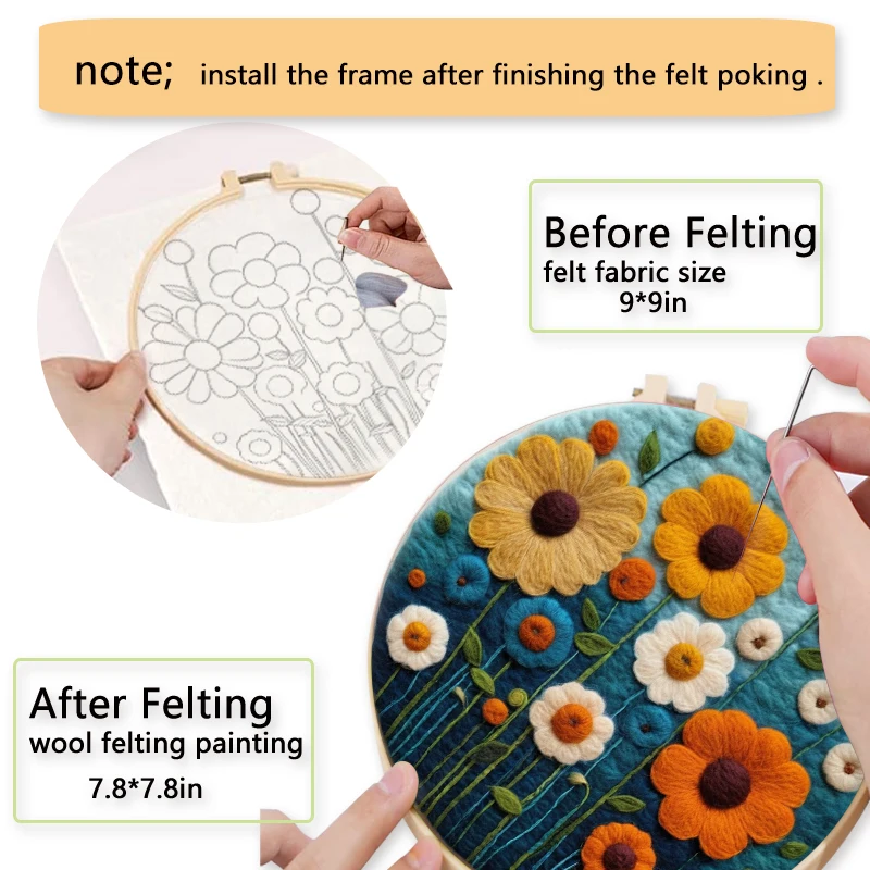 CHENISTORY DIY Wool Needle Felting Starter Kit Needle Felt Set with Picture Frame White Flower Art Sewing Craft Painting