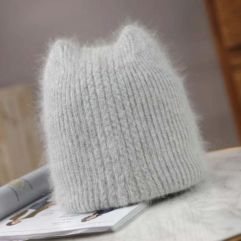 New 7 Colorways Rabbit Fur Cat Ears With Lurex Woman Winter Hat Solid Color Autumn Beanies Warm Bonnet Skullies Gift Wholesales