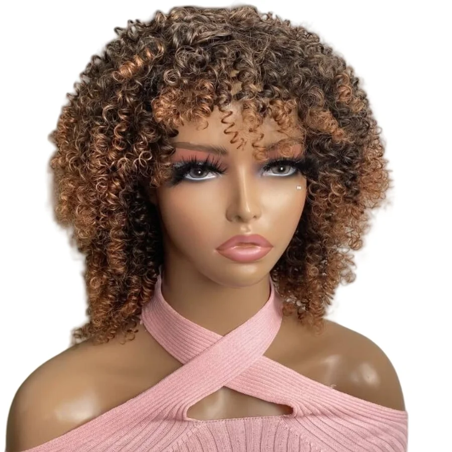Syntetyczna peruka afro z kręconymi włosami i grzywką Ombre Brown Miękkie i lekkie peruki z włosami dla czarnych kobiet Żaroodporne Afro kręcone W