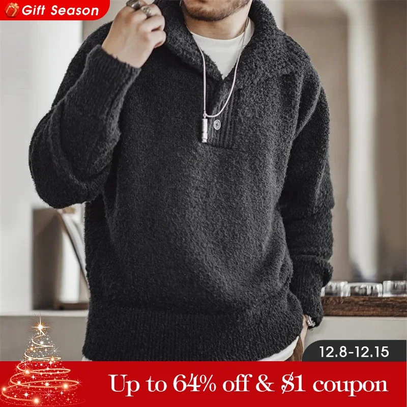 MADEN Men Heavyweight Knit Sweater 2024 Autumn Winter Long Sleeve Turn-down Collar Loop Yarn Polo Shirt Warm Pullover Knitwear