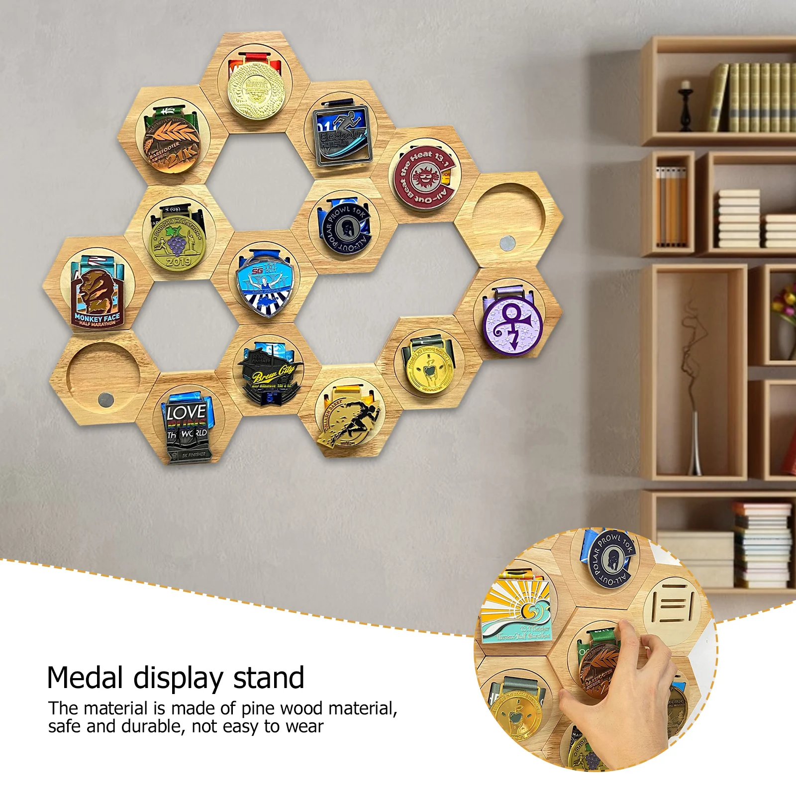 Honeycomb Combination Medal Display Stand Building Block  Hexagonal Wood Medal Rack Creative Splicing Wall Decor