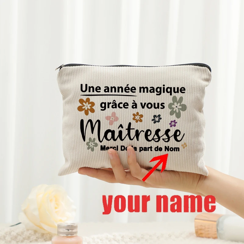 Personalized Floral Maitresse Appreciation Cosmetic Bag Custom Name Toiletry Case Gift for Educators End of School Year Present