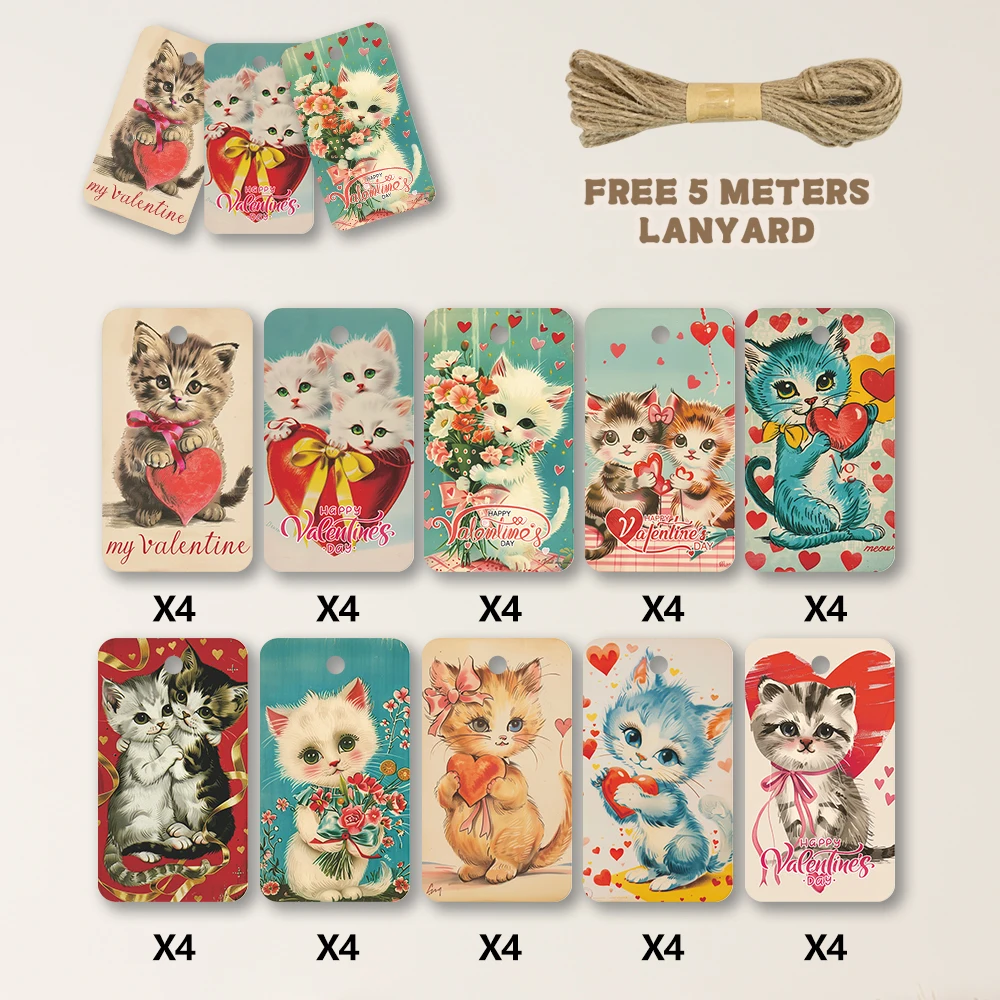 40pcs Valentine's Day Cat Decorative Tags, Cute Aesthetic Gift Labels, Party Decoration, Handmade Packaging Accents, Jute Rope