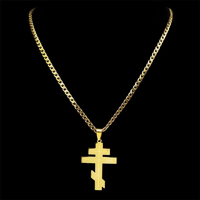 Russia Orthodox Cross Pendant Necklace for Women Men Stainless Steel Gold Color Christian Crucifix Chain Jewelry N8449S06