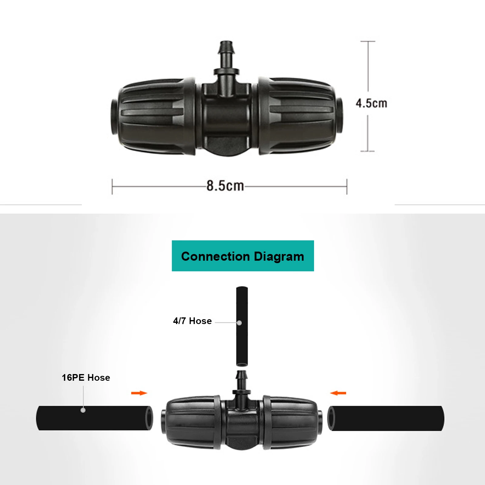 16mm 1/2 inch PE Pipe Connector Splitter Tee Coupling Lock Nut To 4/7mm 3/5mm Hose Garden Watering Drip Irrigation Fittings
