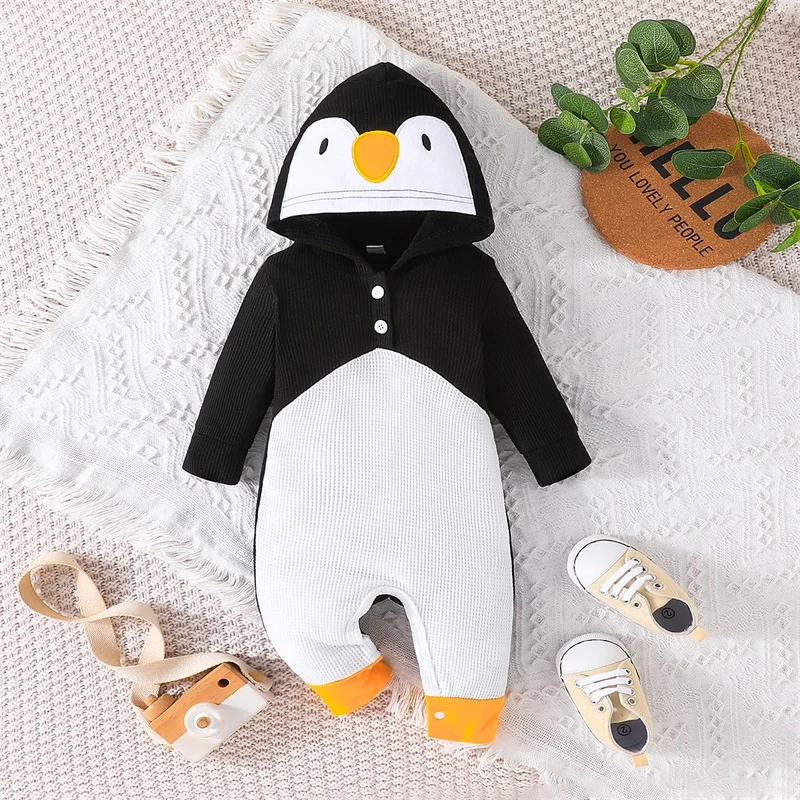 

2023-08-01 Lioraitiin 0-18M Toddler Baby Girls Boys Rompers Penguin Shape Buttons Hooded Long Sleeve Romper Winter Fall Clothes