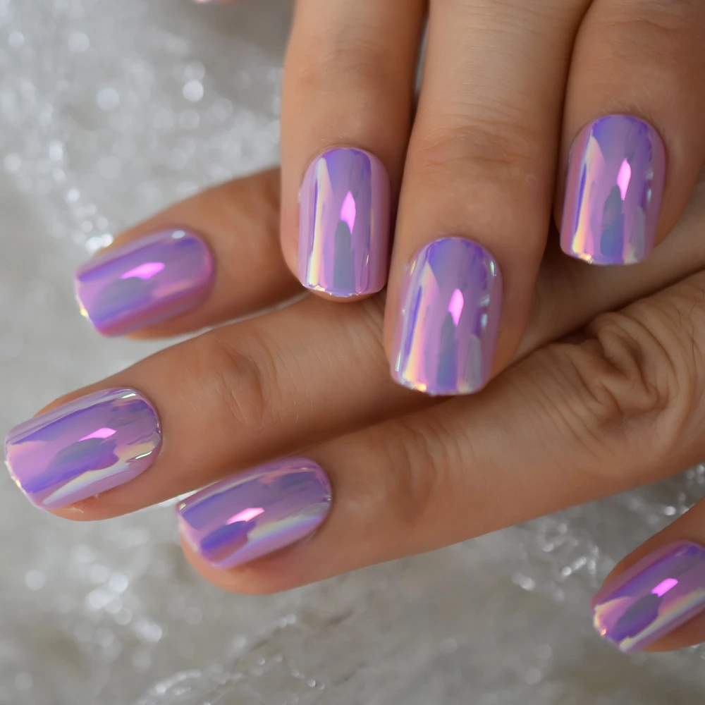 Fantasy Fingernails Short Round Press On Nails Natural Shape Solid Pure Purple Chrome Nail Tips Holographic Reusable Nails
