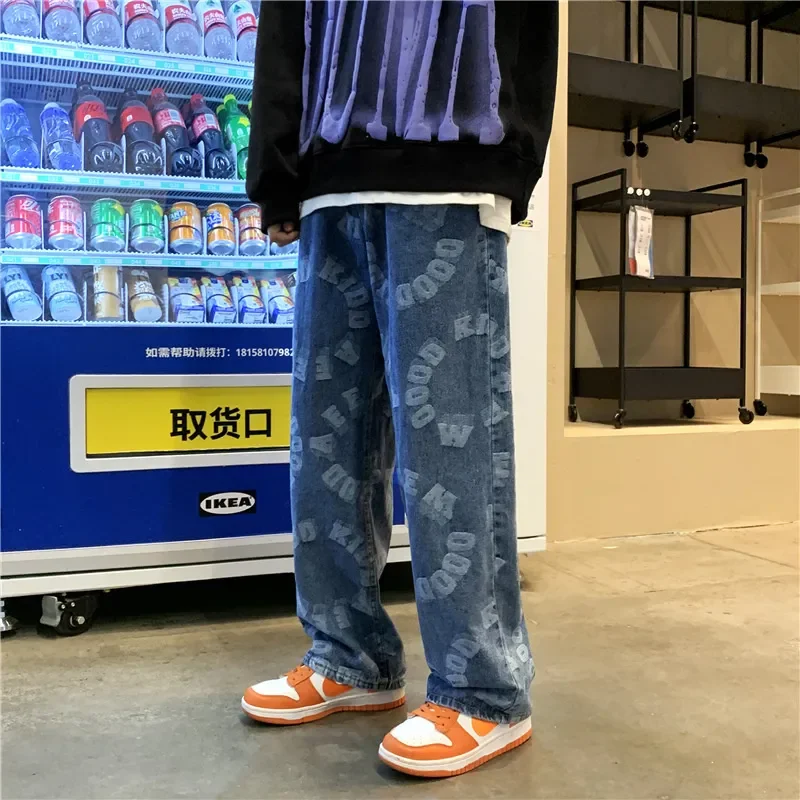 Jeans à jambes droites College pour hommes, pantalons en denim, pantalons décontractés hip-hop, jeans à jambes larges, mode Harajuku, 20223