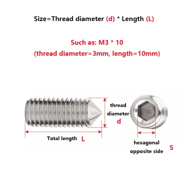 M3 M4 M5 M6 M8 M10 M12 304 Stainless Steel Pointed Set Screw Top Thread Pointed Machine Metric Hexagonal Screw