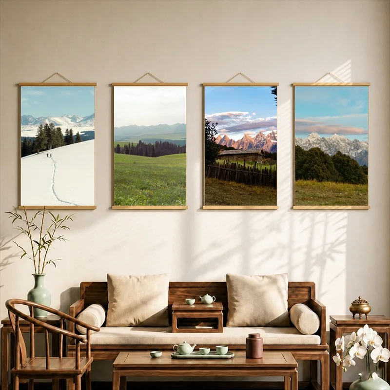 Wall Art Open Country Roads through Four Seasons, Natural Landscape Pearlescent Canvas Wall Hanging Scroll for Vacation Villa