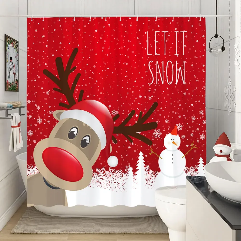 Christmas Reindeer Pattern Shower Curtain Merry Christmas Happy New Year Colorful Bathroom Decor Polyester Waterable Bath Curtai