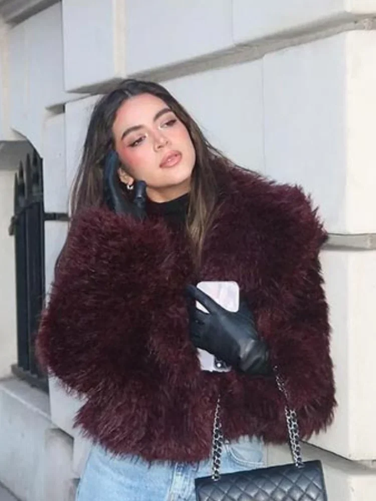 Winter Burgundy Fluffy Fur Coat for Women Long Sleeve V-Neck Warm Plush Short Jacket Street Female Fashion Commute Outerwear