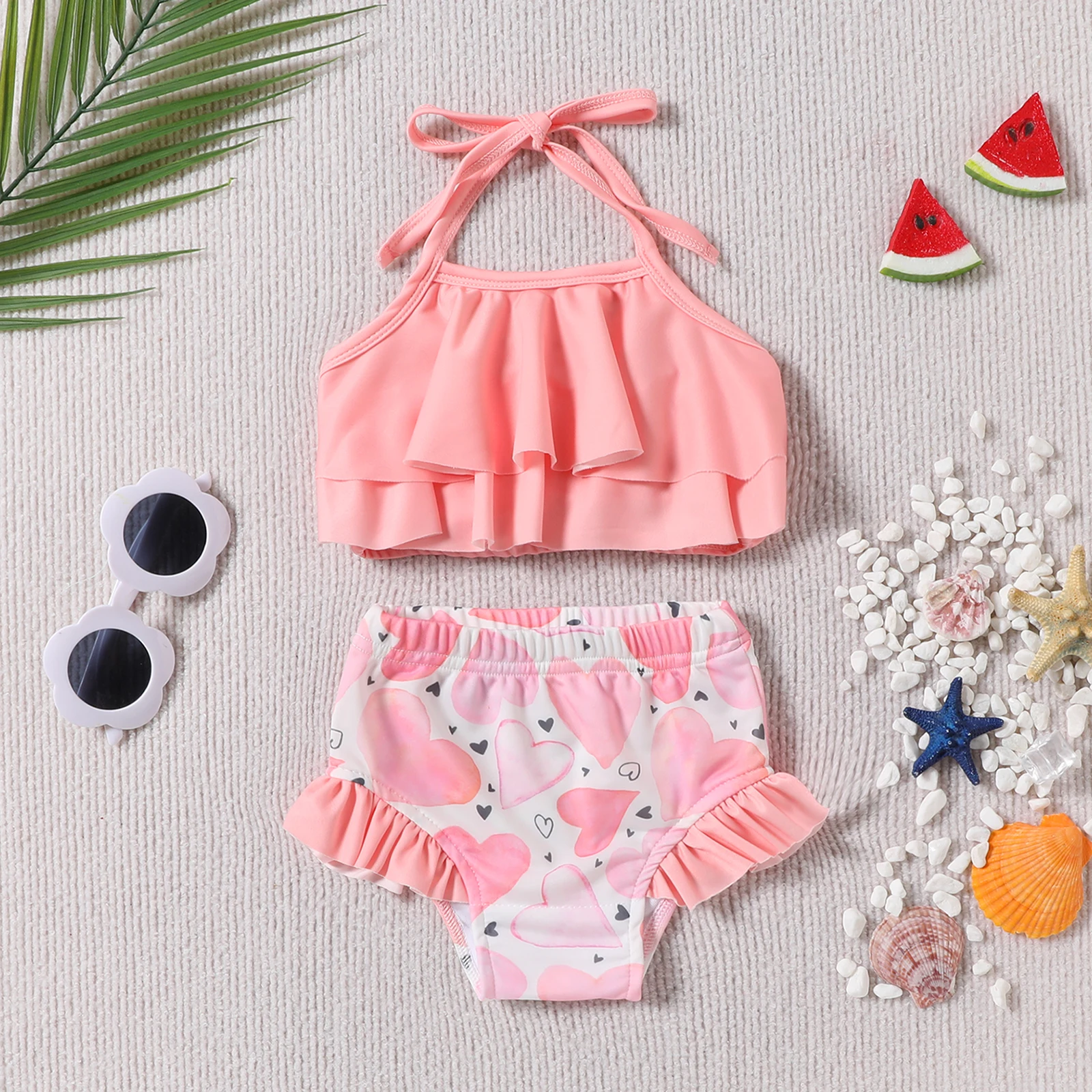 2PCS Girls Bikini Summer New 6-24M 2-4T Fashion Solid Color Halter Neck Top Love Print Underpants Kids Split Swimwear Bikini Set