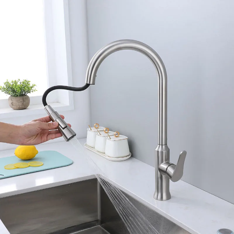 

Pull-out 304 Stainless Steel Kitchen Sink Faucet Hot and Cold Water Mixer Kitchen Tap Nickel Pull Down Sprayer 360° Rotation
