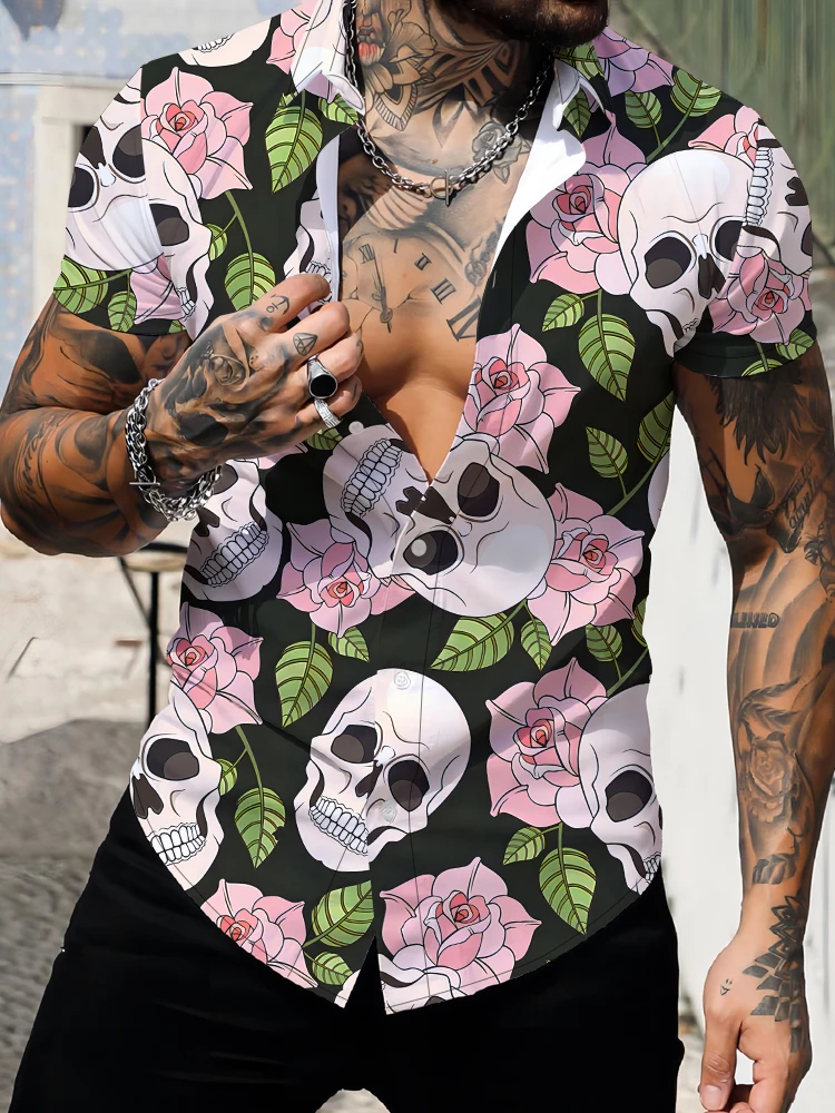 

Gothic Street Fashion Cool Men's Shirt Summer Loose Comfortable Casual Classic Buttons Shirt Skull 3D Digital Printing Shirt