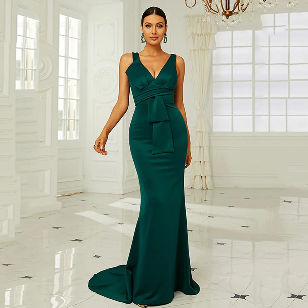 

YALIN New Mermaid Sexy V-Neck Backless Long Satin Evening Gowns Simple Sleeveless Bow Pleat Sweep Train Party Dress