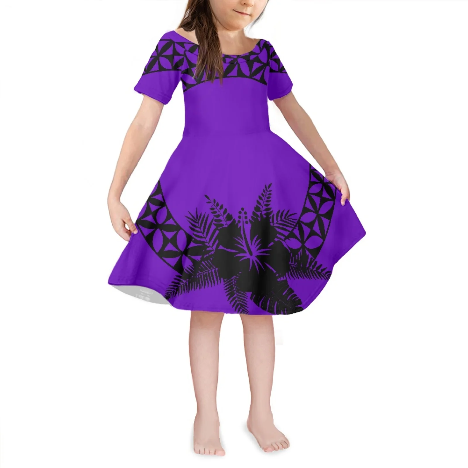 2022 Girls New Dress Short Sleeve Round Neck Children Cute Comfortable Dress Summer Polynesian Tribal Tattoo Printing Party