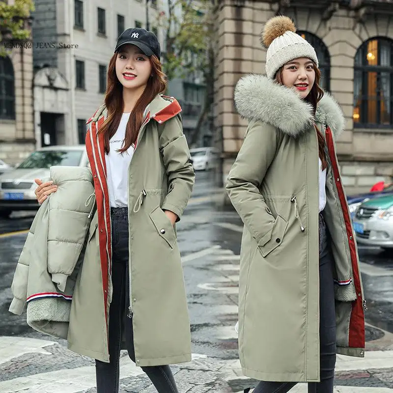 Spring and Autumn Winter Korean Long Style Two Wear Slim Fit Hairy Collar Detached Windbreaker with Velvet Cotton Coat for Women