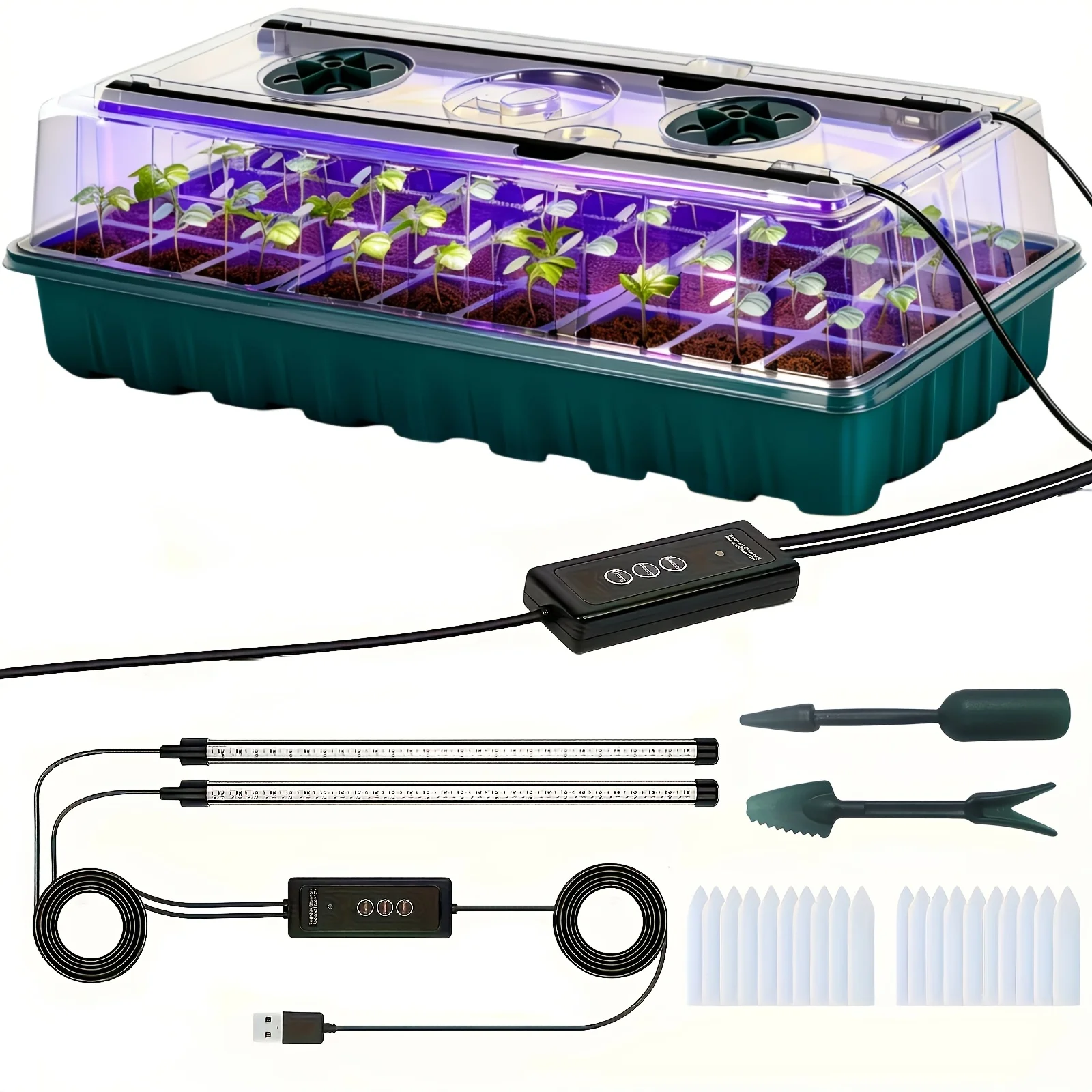 High Dome Seedling Propagation Tray Kit 36 Cells, 2 LED Grow Lights, Smart Timer 3 Modes for Indoor Greenhouse & Home Gardeners