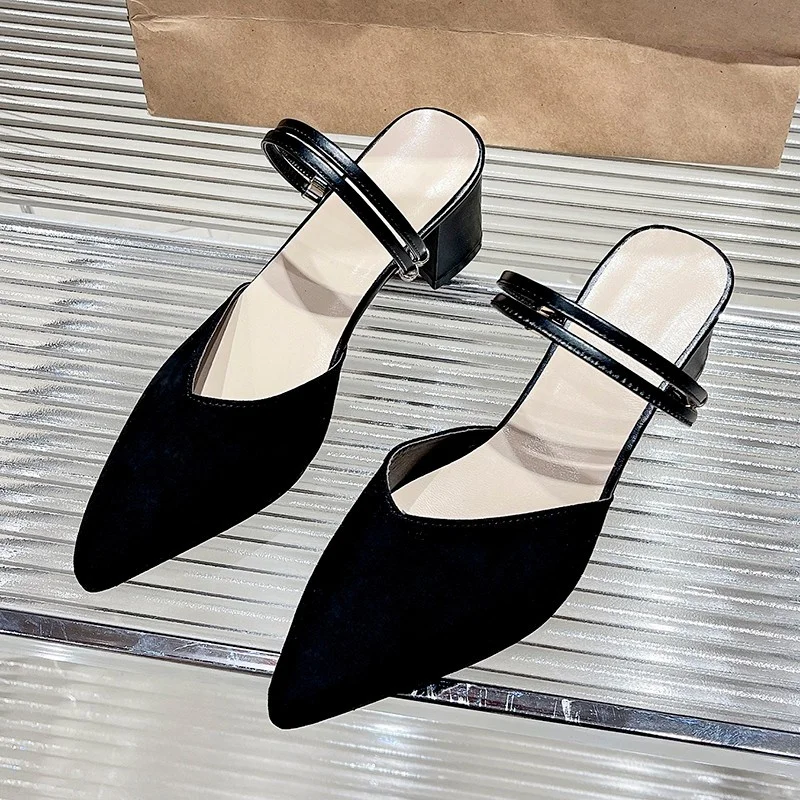 2024 New Summer Style Fashionable Comfortable Versatile and Elegant Casual Suede Bun Toe Slippers Thick Heel Women's Shoes