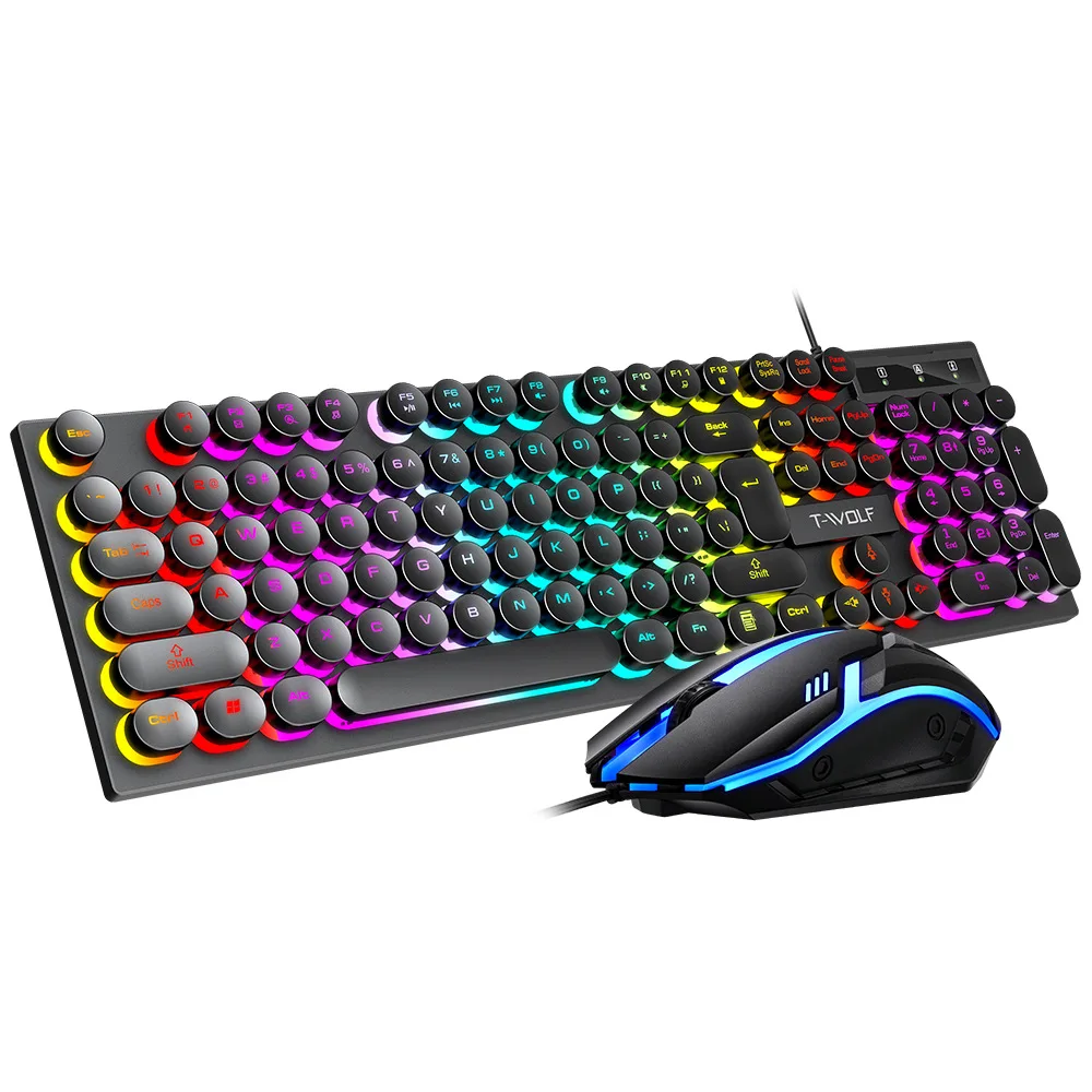 

Wholesale Gaming keyboard TF270 Backlight Mouse Keyboard Set 7 Color Rainbow Glowing 104 Keys T-WOLF Keyboard Mouse Combos Wired